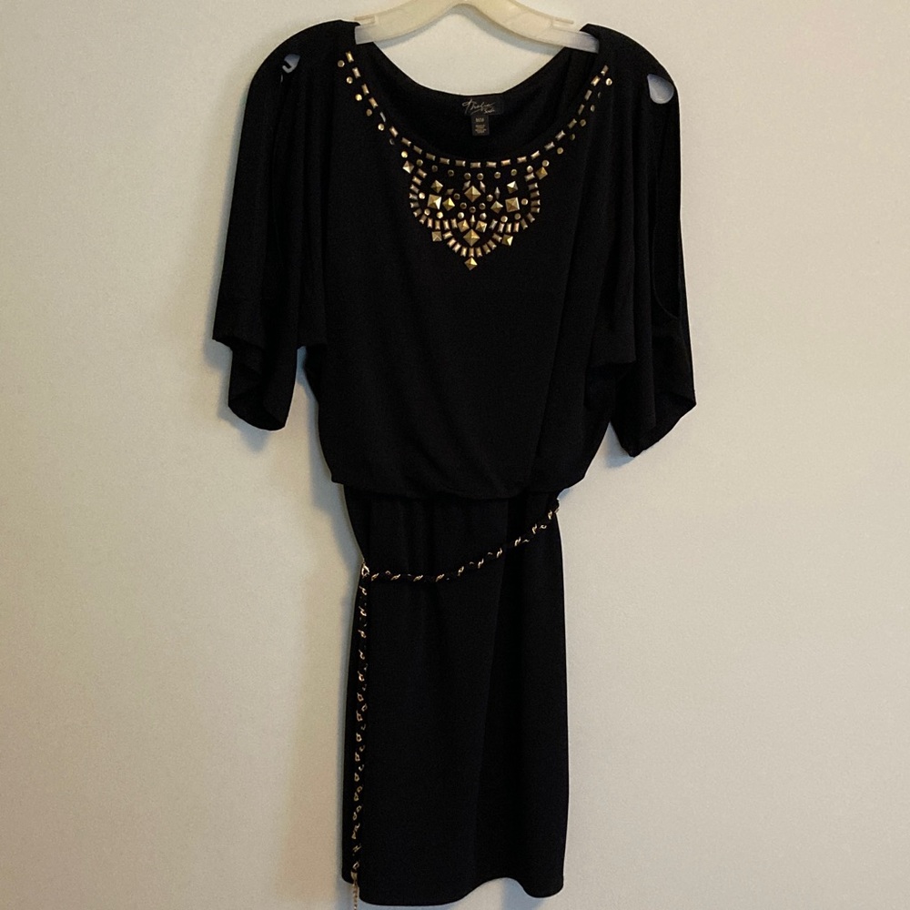 Thalia Sodi Black Mini Dress with Gold Embellished Neckline